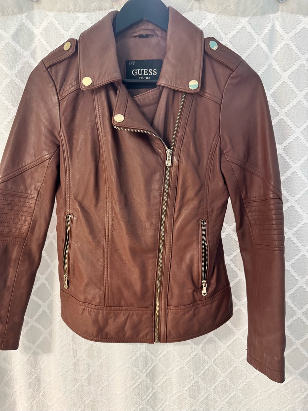 Guess Brown Leather Moto Jacket with Gold Hardware